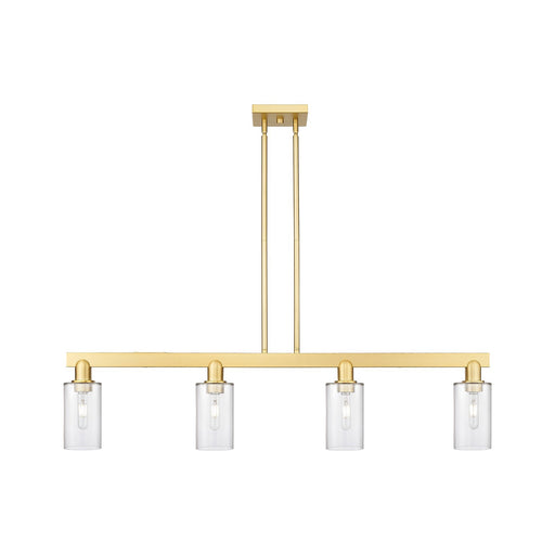 Innovations Clymer 47in 4-Light Island Light | Industrial Satin Gold Steel and Clear Glass | Kitchen Island & Dining Room | Model 716-4I-SG-G802