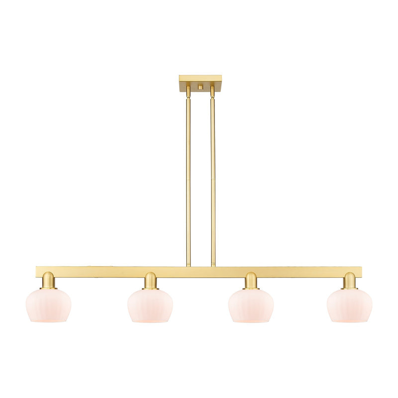 Innovations Lighting Fenton 49in 4-Light Island Light | Industrial Satin Gold Steel and Matte White Glass | Kitchen Island & Dining | Model 716-4I-SG-G91