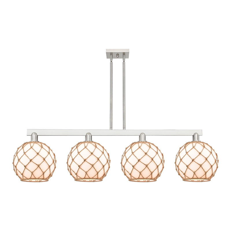 Innovations Farmhouse Rope 53in 4-Light Island Light | Industrial Brushed Satin Nickel and Matte White Glass with Brown Rope | Model 716-4I-SN-G121-10RB