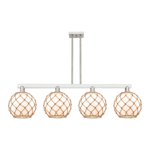 Innovations Farmhouse Rope 53in 4-Light Island Light | Industrial Brushed Satin Nickel and Matte White Glass with Brown Rope | Model 716-4I-SN-G121-10RB