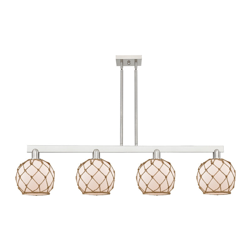 Innovations Farmhouse Rope 51in 4-Light Island Light | Industrial Brushed Satin Nickel and White Glass with Brown Rope | Model 716-4I-SN-G121-8RB
