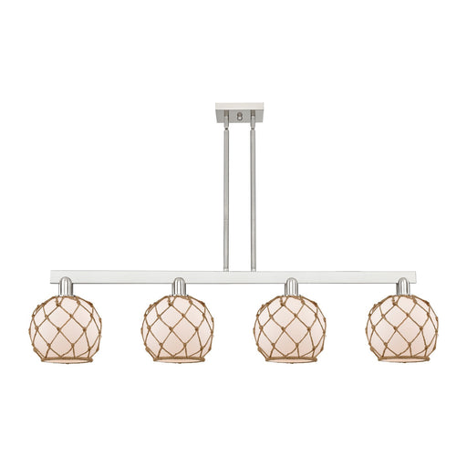 Innovations Farmhouse Rope 51in 4-Light Island Light | Industrial Brushed Satin Nickel and White Glass with Brown Rope | Model 716-4I-SN-G121-8RB