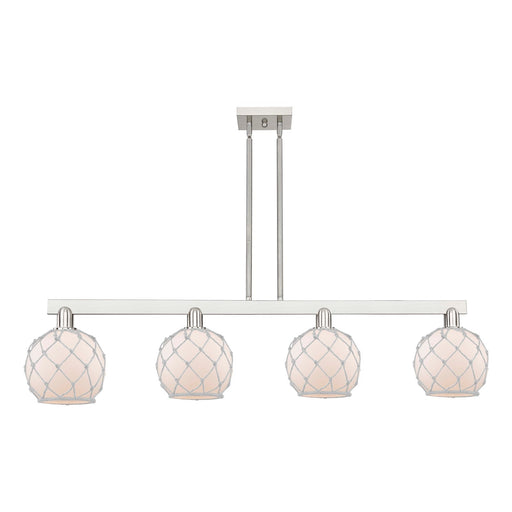 Innovations Farmhouse Rope 51in 4-Light Island Light | Industrial Brushed Satin Nickel and White Frosted Glass with Rope | Model 716-4I-SN-G121-8RW