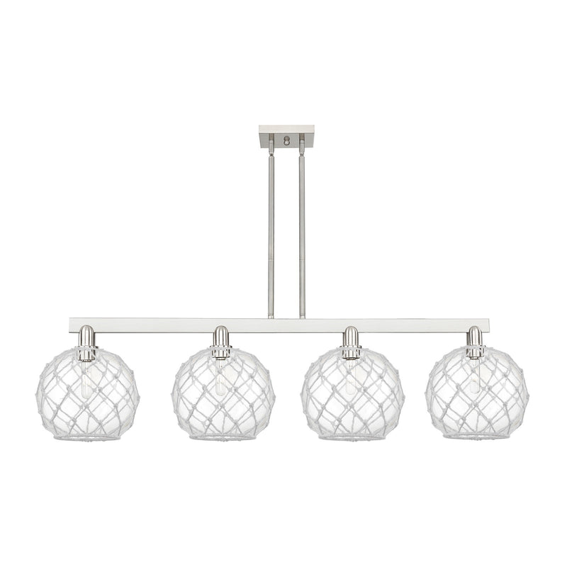Innovations Farmhouse Rope 53in 4-Light Island Light | Industrial Brushed Satin Nickel and Clear Glass with White Rope | Model 716-4I-SN-G122-10RW