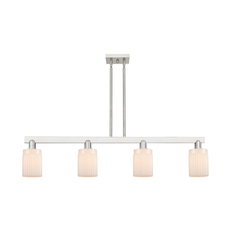 Innovations Hadley 47in 4-Light Island Light | Industrial Brushed Satin Nickel Steel and Matte White Ribbed Glass | Kitchen Island | Model 716-4I-SN-G341