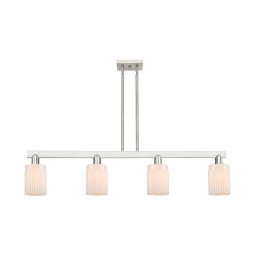 Innovations Hadley 47in 4-Light Island Light | Industrial Brushed Satin Nickel Steel and Matte White Ribbed Glass | Kitchen Island | Model 716-4I-SN-G341