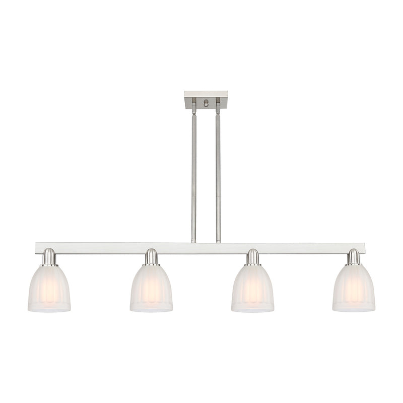 Innovations Brookfield 49in 4-Light Island Light | Industrial Brushed Satin Nickel and White Frosted Ribbed Glass | Kitchen Island | Model 716-4I-SN-G441