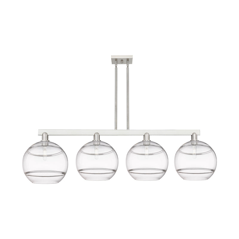 Innovations Rochester 55in 4-Light Island Light | Industrial Brushed Satin Nickel and Clear Glass | Kitchen Island & Dining | Model 716-4I-SN-G556-12CL