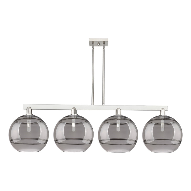Innovations Rochester 55in 4-Light Island Light | Industrial Brushed Satin Nickel and Light Smoke Glass | Kitchen Island & | Model 716-4I-SN-G556-12SM