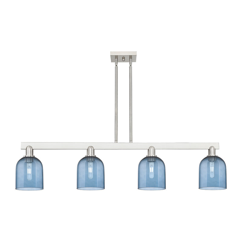 Innovations Bella 48in 4-Light Island Light | Industrial Brushed Satin Nickel and Blue Glass | Kitchen Island & Dining Room | Model 716-4I-SN-G558-6BL