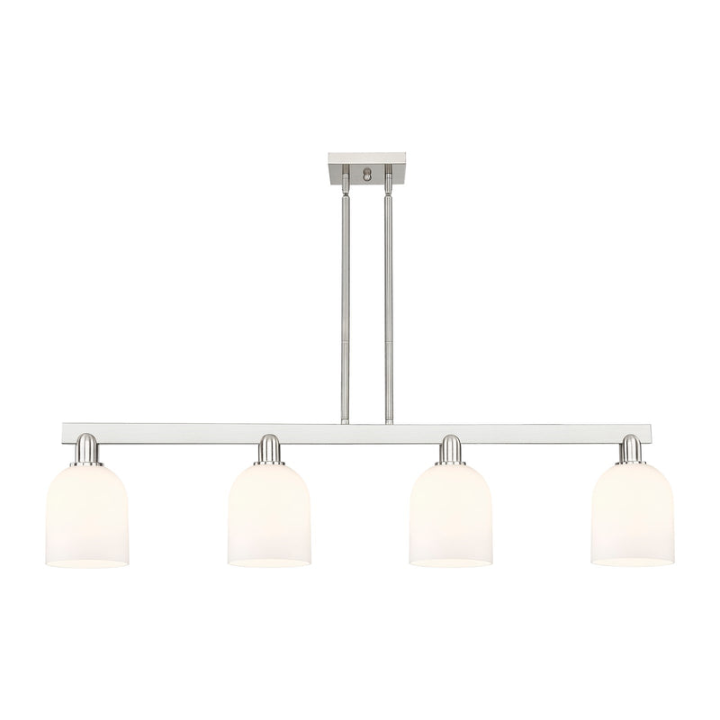 Innovations Bella 48in 4-Light Island Light | Industrial Brushed Satin Nickel Steel and White Glass | Kitchen Island & Dining | Model 716-4I-SN-G558-6GWH