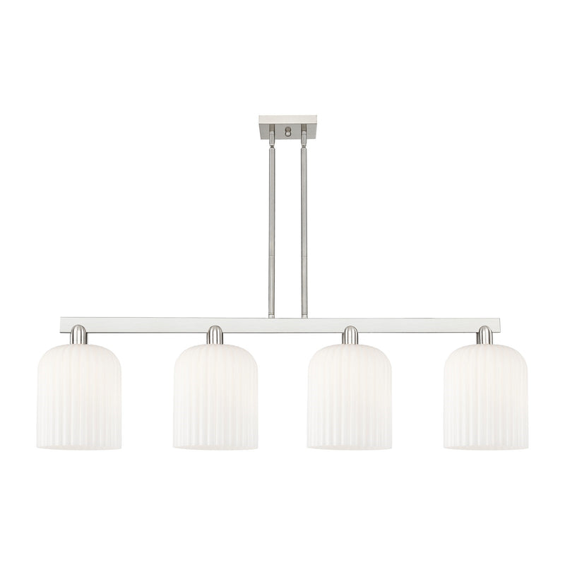 Innovations Bridal Veil 51in 4-Light Island Light | Industrial Brushed Satin Nickel and Gloss White Ribbed Glass | Kitchen | Model 716-4I-SN-G559-8GWH