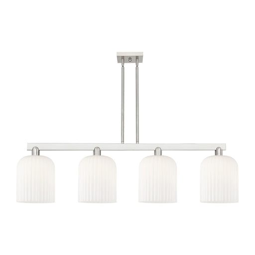 Innovations Bridal Veil 51in 4-Light Island Light | Industrial Brushed Satin Nickel and Gloss White Ribbed Glass | Kitchen | Model 716-4I-SN-G559-8GWH