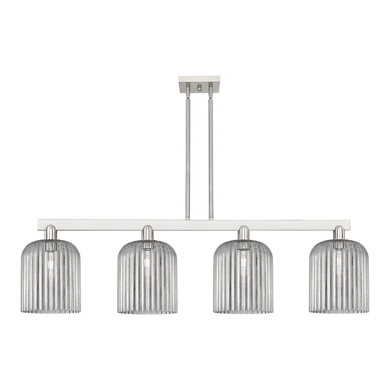 Innovations Bridal Veil 51in 4-Light Island Light | Industrial Brushed Satin Nickel and Light Smoke Ribbed Glass | Kitchen | Model 716-4I-SN-G559-8SM