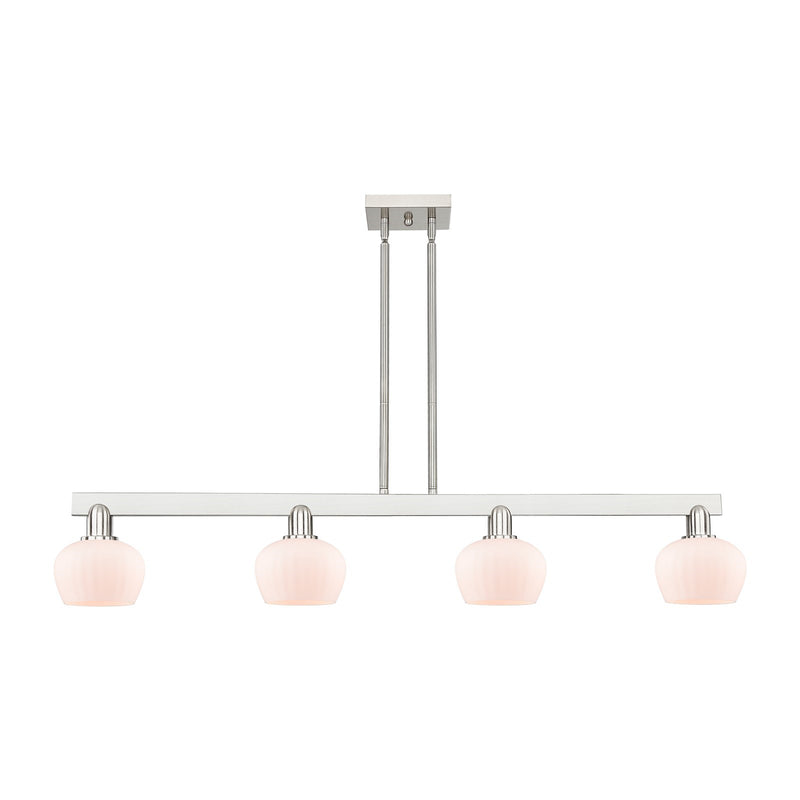 Innovations Fenton 49in 4-Light Island Light | Industrial Brushed Satin Nickel Steel and Matte White Ribbed Glass | Kitchen Island & | Model 716-4I-SN-G91