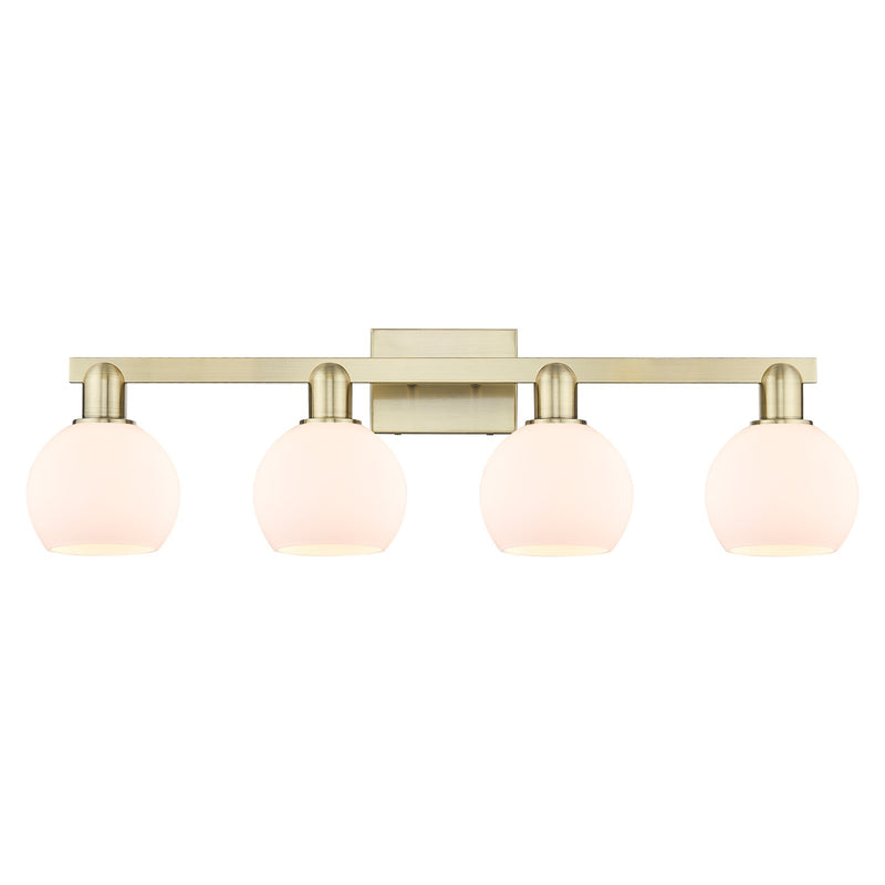 Innovations Athens 33in 4-Light Bath Vanity Light | Industrial Antique Brass Steel and Matte White Glass | Bathroom Vanity | Model 716-4W-AB-G121-6