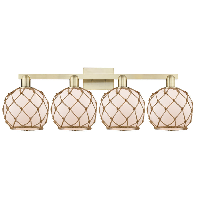 Innovations Farmhouse Rope 35in 4-Light Bath Vanity Light | Industrial Antique Brass Steel and White Frosted Glass with Brown | Model 716-4W-AB-G121-8RB