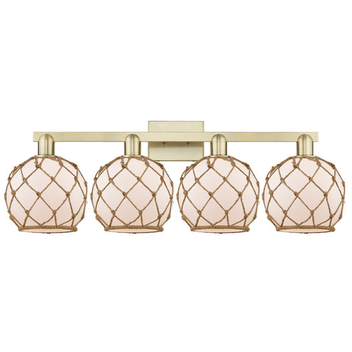 Innovations Farmhouse Rope 35in 4-Light Bath Vanity Light | Industrial Antique Brass Steel and White Frosted Glass with Brown | Model 716-4W-AB-G121-8RB