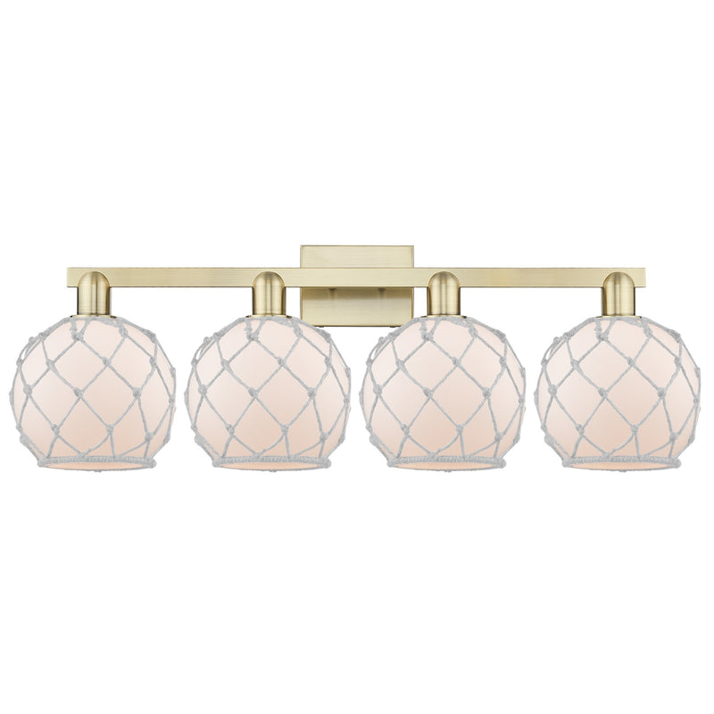 Innovations Farmhouse Rope 35in 4-Light Bath Vanity Light | Industrial Antique Brass and White Frosted Glass Rope Shade | Model 716-4W-AB-G121-8RW