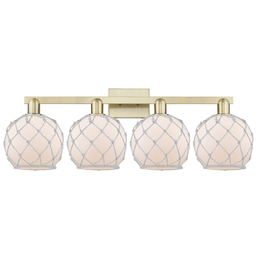 Innovations Farmhouse Rope 35in 4-Light Bath Vanity Light | Industrial Antique Brass and White Frosted Glass Rope Shade | Model 716-4W-AB-G121-8RW