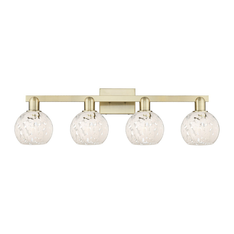 Innovations White Mouchette 33in 4-Light Bath Vanity Light | Industrial Antique Brass and White Mouchette Glass | Bathroom | Model 716-4W-AB-G1216-6WM