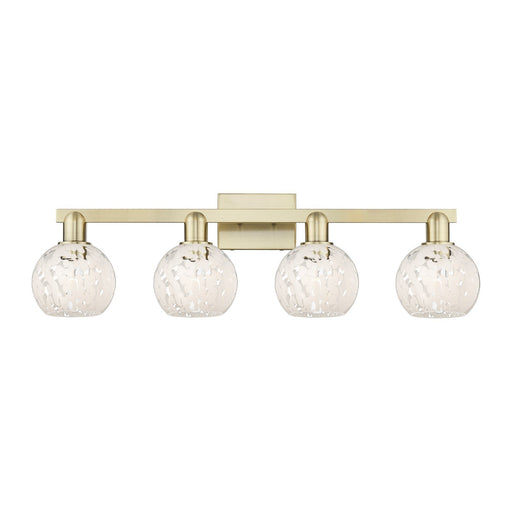 Innovations White Mouchette 33in 4-Light Bath Vanity Light | Industrial Antique Brass and White Mouchette Glass | Bathroom | Model 716-4W-AB-G1216-6WM