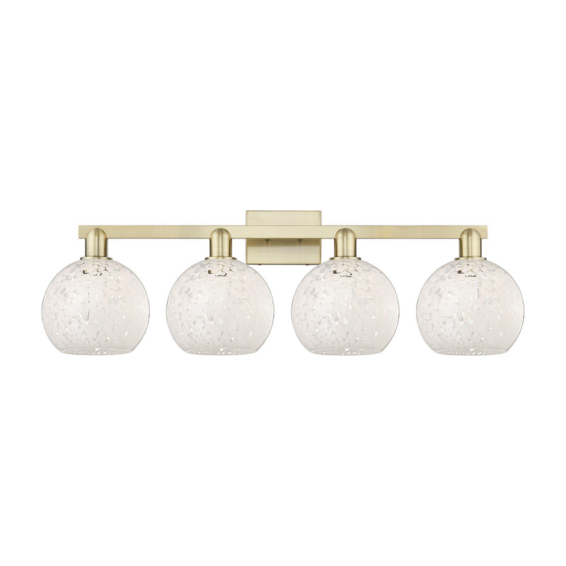 Innovations White Mouchette 35in 4-Light Bath Vanity Light | Industrial Antique Brass Steel and White Mouchette Glass | Model 716-4W-AB-G1216-8WM