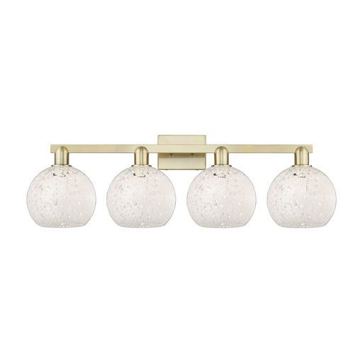 Innovations White Mouchette 35in 4-Light Bath Vanity Light | Industrial Antique Brass Steel and White Mouchette Glass | Model 716-4W-AB-G1216-8WM