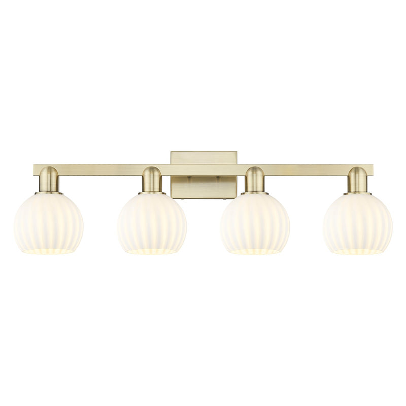 Innovations Lighting White Venetian 33in 4-Light Bath Vanity Light | Industrial Antique Brass and White Venetian Glass | Model 716-4W-AB-G1217-6WV