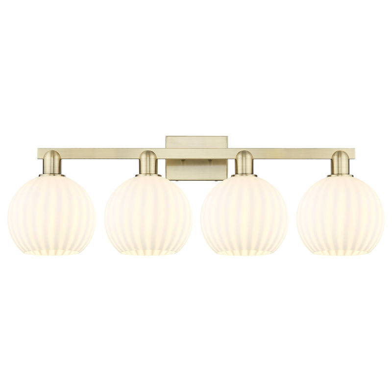 Innovations Lighting White Venetian 35in 4-Light Bath Vanity Light | Industrial Antique Brass Steel and White Venetian Glass | Model 716-4W-AB-G1217-8WV