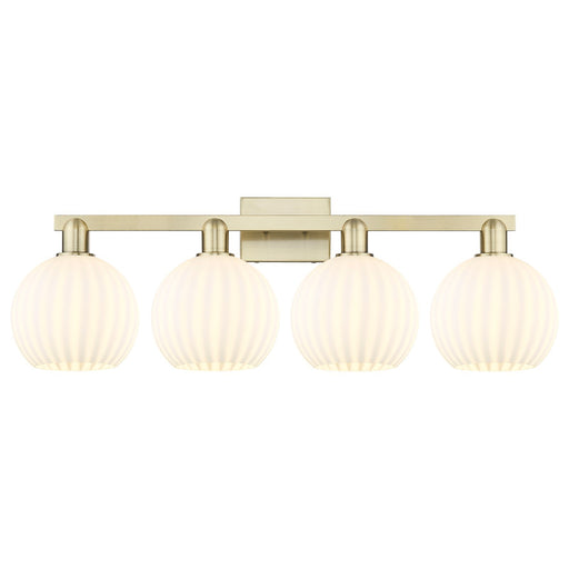 Innovations Lighting White Venetian 35in 4-Light Bath Vanity Light | Industrial Antique Brass Steel and White Venetian Glass | Model 716-4W-AB-G1217-8WV