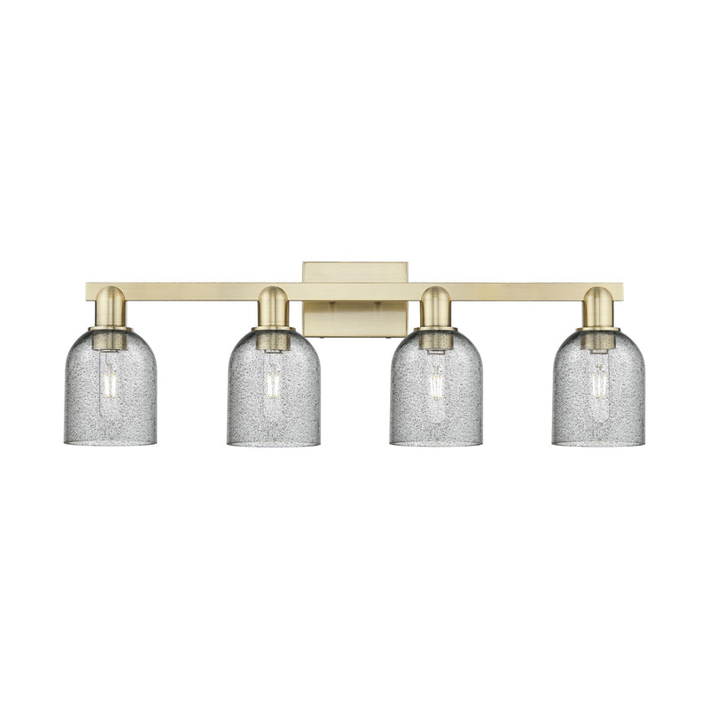 Innovations Caledonia 32in 4-Light Bath Vanity Light | Industrial Antique Brass Steel and Charcoal Glass | Bathroom Vanity | Model 716-4W-AB-G257
