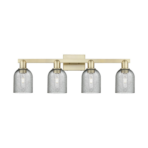 Innovations Caledonia 32in 4-Light Bath Vanity Light | Industrial Antique Brass Steel and Charcoal Glass | Bathroom Vanity | Model 716-4W-AB-G257