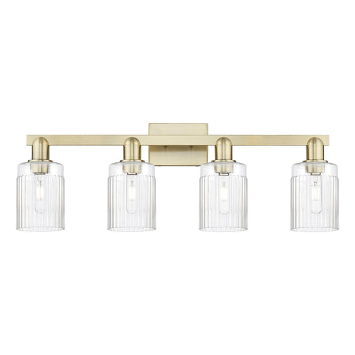 Innovations Hadley 32in 4-Light Bath Vanity Light | Industrial Antique Brass and Clear Ribbed Glass | Bathroom Vanity | Model 716-4W-AB-G342