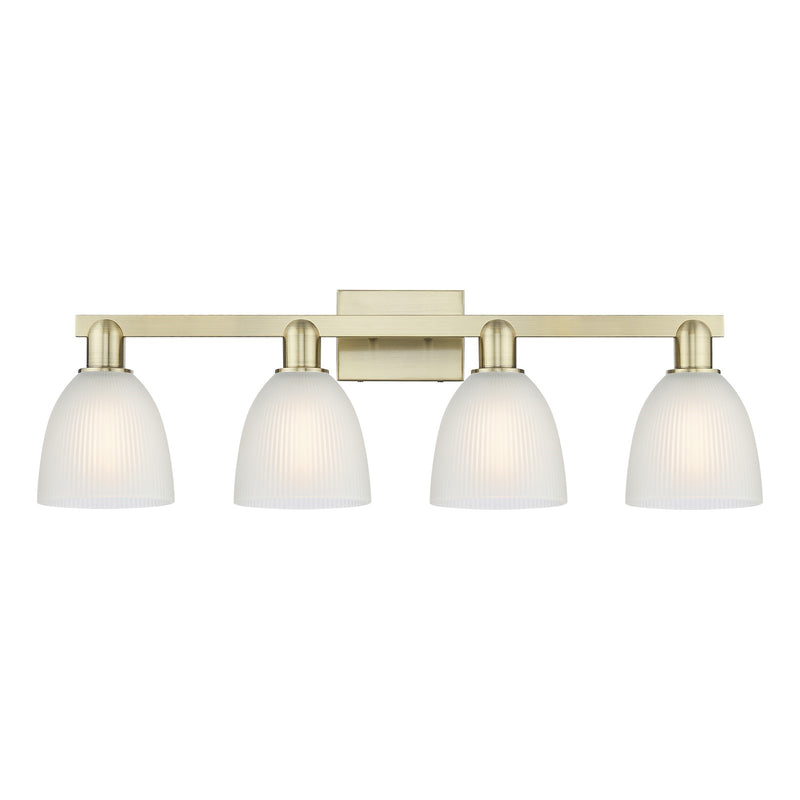 Innovations Castile 33in 4-Light Bath Vanity Light | Industrial Antique Brass Steel and White Glass | Bathroom Vanity | Model 716-4W-AB-G381