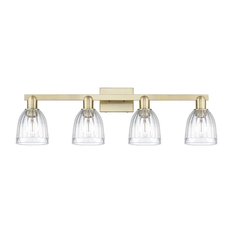 Innovations Brookfield 33in 4-Light Bath Vanity | Industrial Antique Brass Steel and Clear Ribbed Glass | Bathroom Vanity Light | Model 716-4W-AB-G442