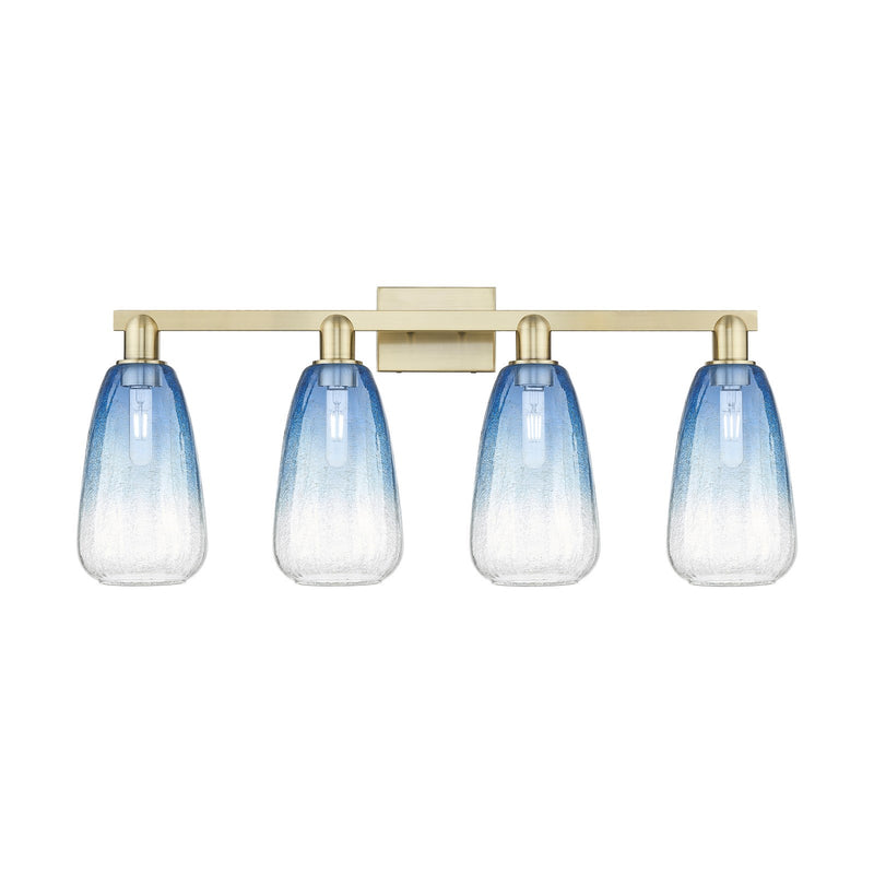 Innovations Brookhaven Almond 33in 4-Light Bath Vanity Light | Industrial Antique Brass Steel and Sapphire Blue Glass | Model 716-4W-AB-G480-6SB
