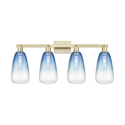 Innovations Brookhaven Almond 33in 4-Light Bath Vanity Light | Industrial Antique Brass Steel and Sapphire Blue Glass | Model 716-4W-AB-G480-6SB
