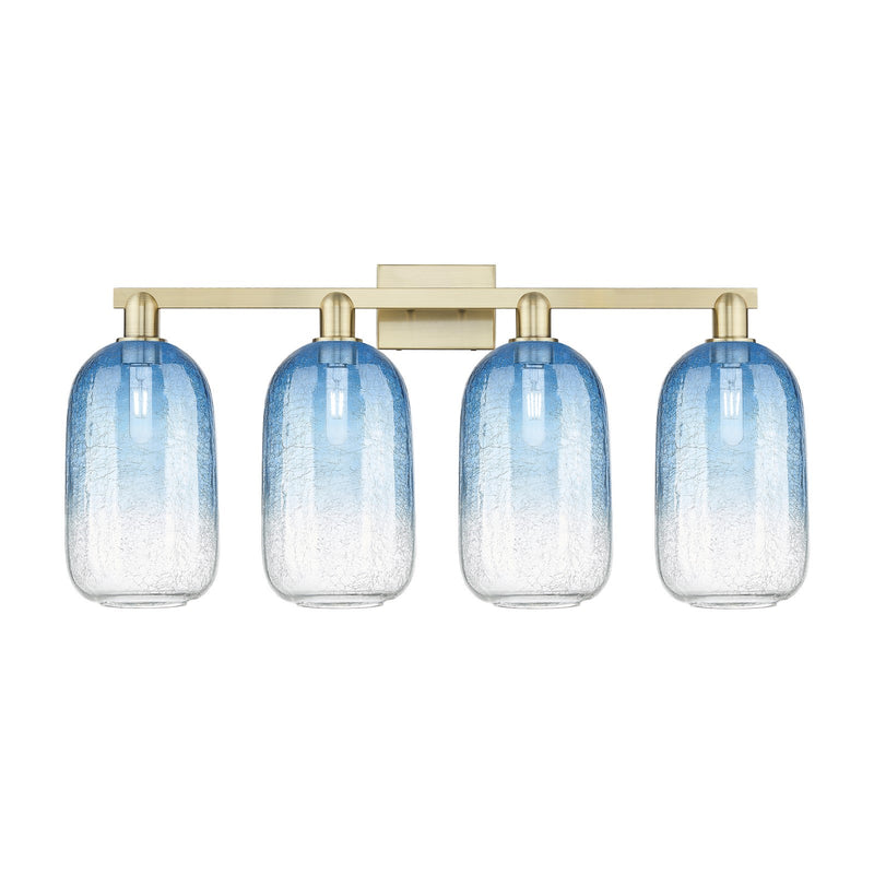 Innovations Brookhaven Cloche 34in 4-Light Bath Vanity Light | Industrial Antique Brass Steel and Sapphire Blue Glass | Model 716-4W-AB-G482-7SB