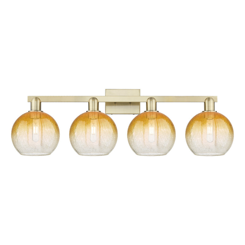 Innovations Brookhaven Globe 35in 4-Light Bath Vanity Light | Industrial Antique Brass and Amber Glass | Bathroom Vanity | Model 716-4W-AB-G483-8AM
