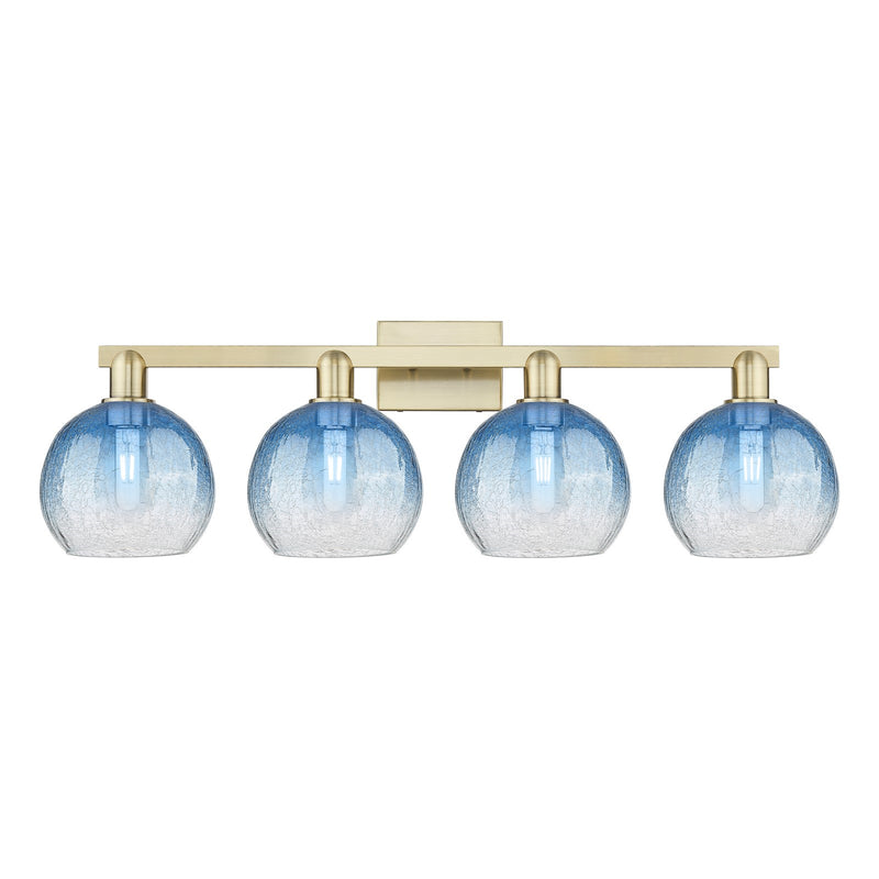 Innovations Brookhaven Globe 35in 4-Light Bath Vanity Light | Industrial Antique Brass and Sapphire Blue Glass | Bathroom | Model 716-4W-AB-G483-8SB