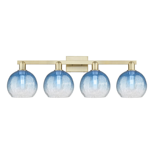 Innovations Brookhaven Globe 35in 4-Light Bath Vanity Light | Industrial Antique Brass and Sapphire Blue Glass | Bathroom | Model 716-4W-AB-G483-8SB