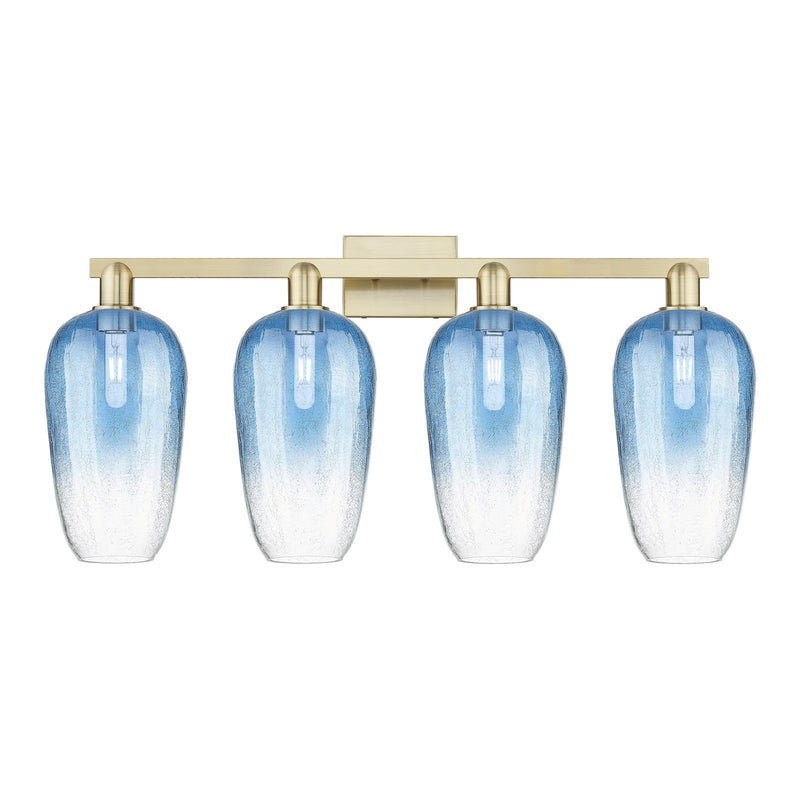 Innovations Brookhaven Flute 34in 4-Light Bath Vanity Light | Industrial Modern Contempo Antique Brass and Sapphire Blue Glass | Model 716-4W-AB-G484-7SB