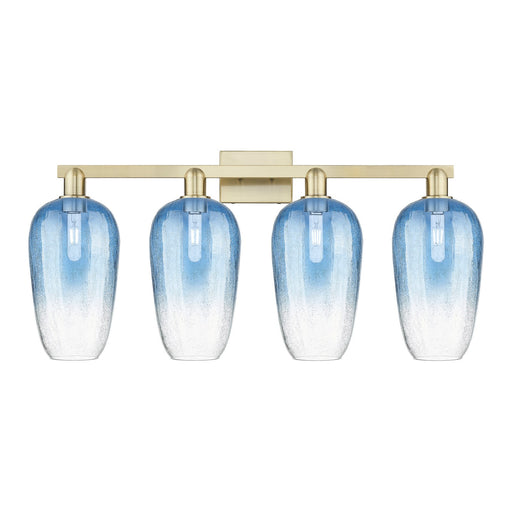 Innovations Brookhaven Flute 34in 4-Light Bath Vanity Light | Industrial Modern Contempo Antique Brass and Sapphire Blue Glass | Model 716-4W-AB-G484-7SB