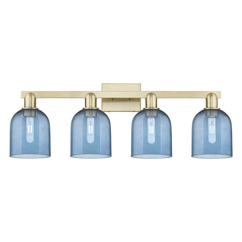 Innovations Bella 33in 4-Light Bath Vanity Light | Industrial Antique Brass and Blue Glass | Bathroom Vanity | Model 716-4W-AB-G558-6BL