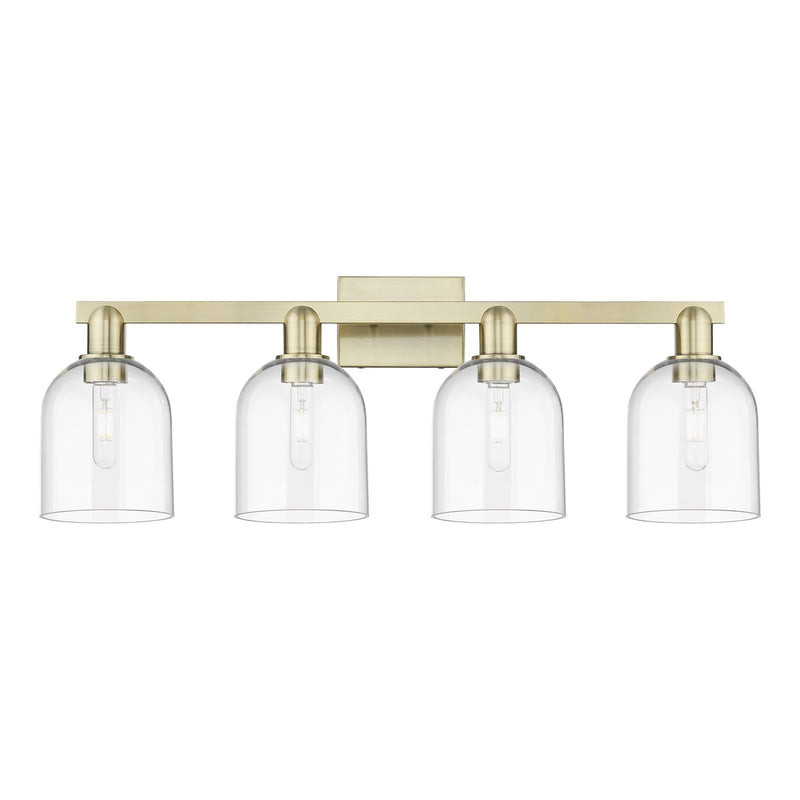 Innovations Bella 33in 4-Light Bath Vanity Light | Industrial Antique Brass and Clear Glass | Damp-Rated Bathroom Vanity | Model 716-4W-AB-G558-6CL