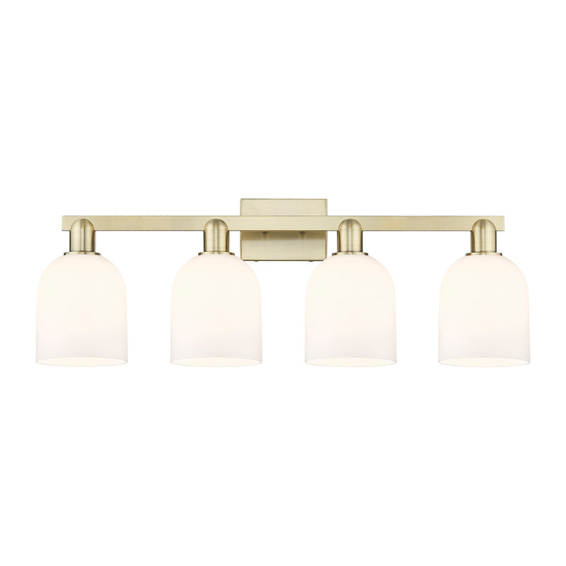 Innovations Bella 33in 4-Light Bath Vanity Light | Industrial Antique Brass and White Glass | Bathroom Vanity | Model 716-4W-AB-G558-6GWH