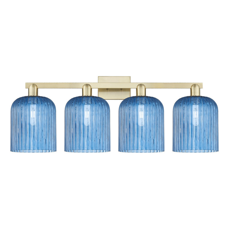 Innovations Bridal Veil 35in 4-Light Bath Vanity | Industrial Antique Brass and Princess Blue Ribbed Glass | Bathroom Vanity | Model 716-4W-AB-G559-8BL