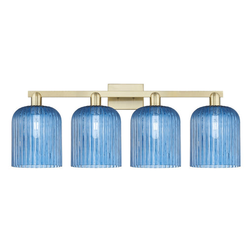 Innovations Bridal Veil 35in 4-Light Bath Vanity | Industrial Antique Brass and Princess Blue Ribbed Glass | Bathroom Vanity | Model 716-4W-AB-G559-8BL