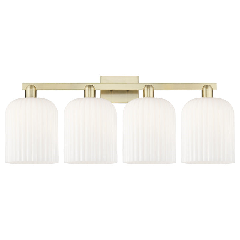 Innovations Bridal Veil 35in 4-Light Bath Vanity Light | Industrial Antique Brass and Gloss White Ribbed Glass | Bathroom | Model 716-4W-AB-G559-8GWH